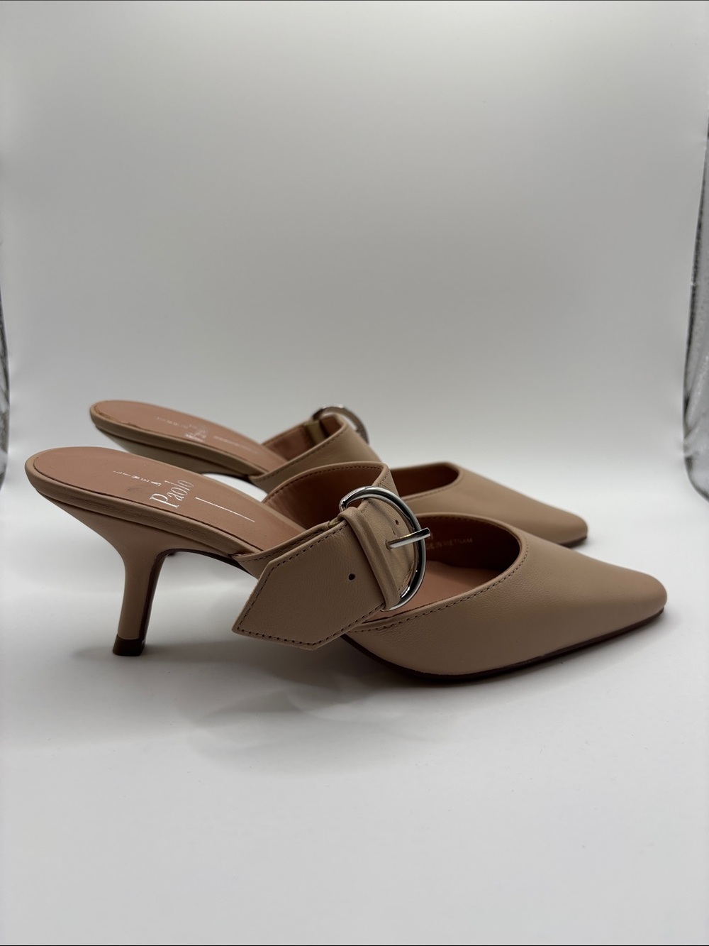 Paolo Taupe Pointed-Toe Buckle Mules